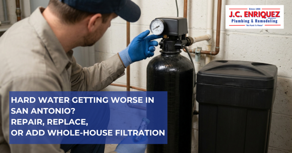 Water softener and whole-house filtration system in a modern San Antonio utility area